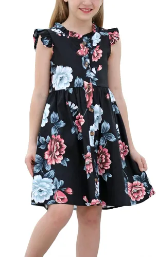 GORLYA Vestido midi vintage para niña de 4 a 12 años con estampado floral y volantes, manga con volantes y bolsillos