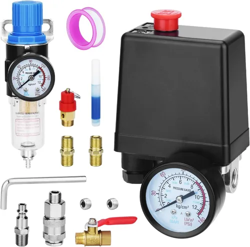 Miniatura 11 de Válvula de control universal del interruptor de presión del compresor de aire (90-120 PSI, 110V-240V) con regulador de 0-180 PSI y válvula de alivio