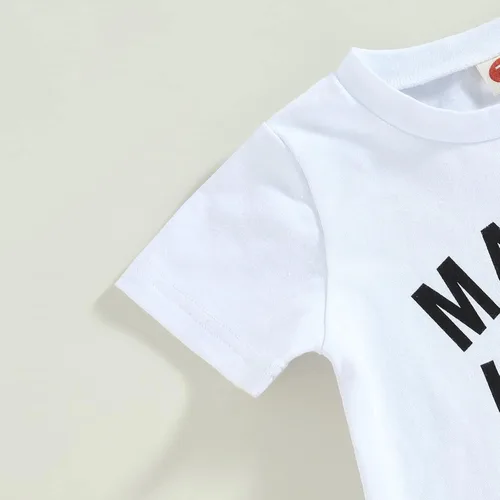 Miniatura 50 de Conjunto de traje de verano para bebé niño pequeño, manga corta, cuello redondo, letras impresas, lindo traje de verano, conjunto de 2 piezas