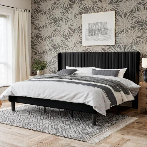 Miniatura 13 de GOLDORO Base de cama tapizada de tamaño matrimonial con cabecera de ala capitonada de canal vertical, soporte de listones de madera, no necesita
