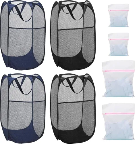 4 cestas plegables de malla para ropa sucia, cesta plegable con asas de transporte, cesta portátil para ropa sucia con 4 bolsas de lavado, cesta de