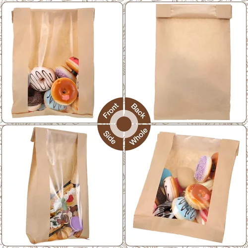 Miniatura 6 de Thenshop 100 bolsas de pan de papel con ventana para bolsas de pan caseras, bolsas de almacenamiento de pan de papel kraft marrón, embalaje largo