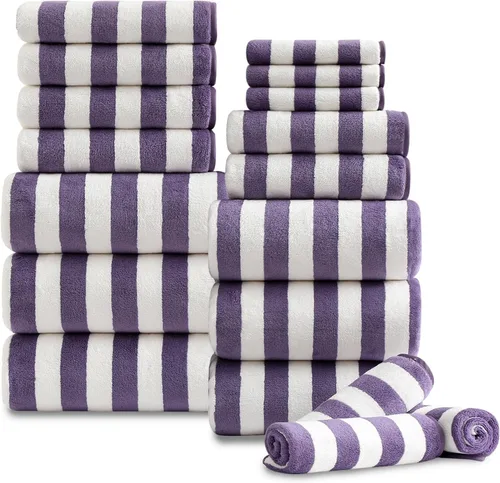 Miniatura 15 de Juego de 18 toallas de baño de rayas color blanco y negro con lazo para colgar, 6 toallas de baño, 6 toallas de mano, 6 toallas familiares, juego