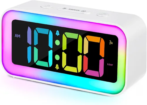Miniatura 9 de Cadmos Reloj despertador fuerte para dormitorios con luz nocturna RGB dinámica, para adultos que duermen profundamente, doble alarma, atenuador