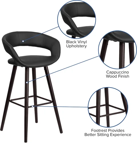 Miniatura 4 de BizChair 29"H Cappuccino Wood Rounded Open Back Barstool in Black Vinyl