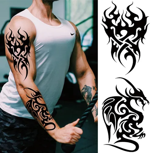 Miniatura 2 de Tatuaje temporal tribal para hombres adultos, tótem grande negro tribal tatuaje falso tribal, de larga duración, impermeable, a gran temperatura