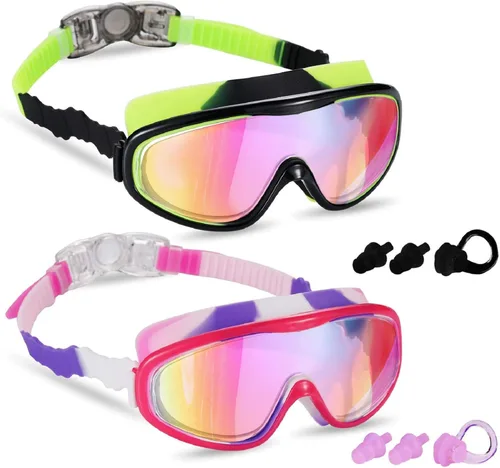 Miniatura 10 de Paquete de 2 gafas de natación para niños, gafas de natación para niños de 3 a 15 años Rojo/Negro y Blanco/Azul