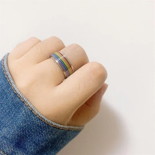 Miniatura 6 de Rotatable Rainbow Stripe LGBT Pride Band Ring for Women Men Teen Girls Couples Bff Anti Anxiety Stress Relief Fidget Spinner Ring Stainless Steel