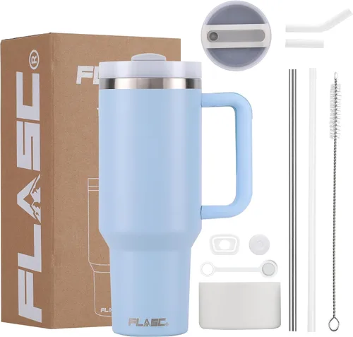 Miniatura 10 de FLASC Vaso de 40 onzas con asa y popote Vaso aislado 100% a prueba de fugas con tapa y pajilla, incluye todos los accesorios: popote de acero