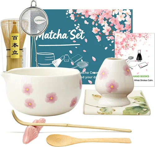 Miniatura 10 de Juego de batidor de matcha, 8 piezas con cuenco de cerámica matcha, batidor y soporte de bambú, cuchara, tamiz y toalla de té, juego de té matcha