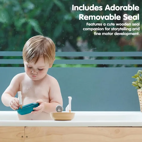 Miniatura 6 de PlanToys® Juguete de barco de vela de madera con sello Juguete de agua para el baño para juego flotante, imaginación y exploración sensorial suave