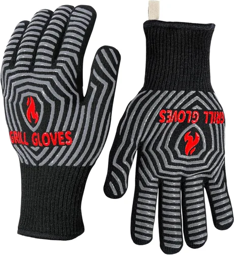 QUWIN Guantes para barbacoa, guantes para horno, resistentes al calor extremo de 1472℉, guantes para parrilla de silicona antideslizantes para Negro
