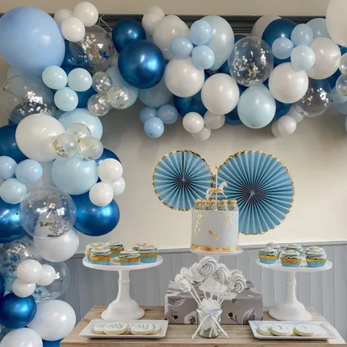Miniatura 4 de Set de globos azules y blancos, 60 piezas de 12 pulgadas, globos metálicos cromados azul perla, globos azul claro para cumpleaños, despedida