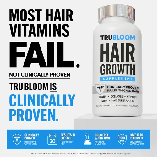 Miniatura 2 de TRU BLOOM Vitaminas para el crecimiento del cabello, clínicamente probadas y dermatológicamente probadas para crecer un cabello más completo