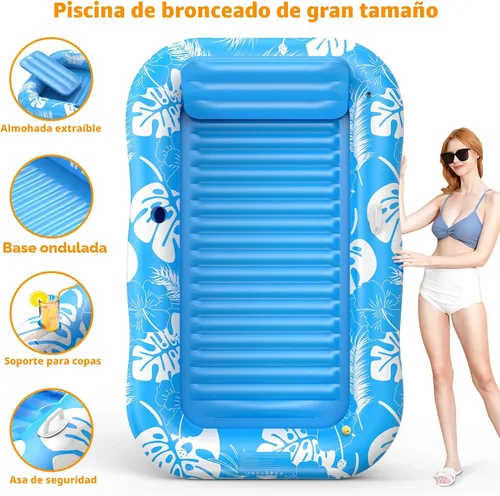 Miniatura 6 de Inflatable Tanning Pool Lounger Float with Sprinkler, 77" x 48" Pool Floats Adult with Pillow, 6 in 1 Suntan Tub Raft Floatie with Drink Holder Azul