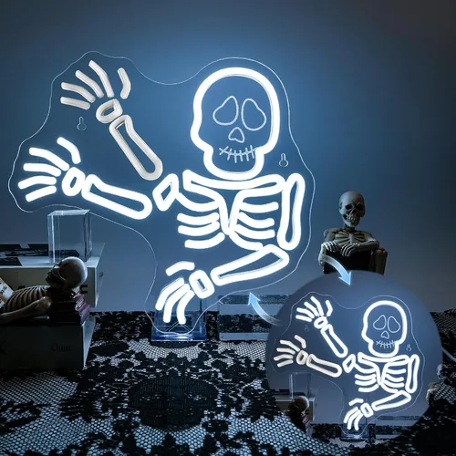 JURONG - Letreros de neón con calavera de esqueleto saludando para decoración de pared, letreros luminosos de neón de fantasmas de Halloween,