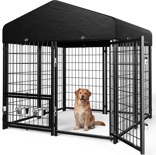 Perrera para Perros al Aire Libre, Perrera para Perros con Techo y Comederos Giratorios/Puerta para Perros Desmontable Permite Conectar Su Casa para