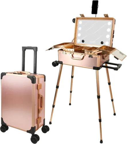 Miniatura 12 de Estuche de maquillaje rodante con espejo de luz LED, patas ajustables, mesa de tren con cerradura, estudio, artista, cosmética, tamaño de mano