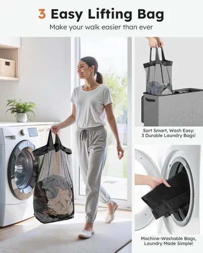 Miniatura 4 de SOLEDI Cesta de ropa sucia de 180L de 3 secciones, cesta de ropa sucia extra grande con tapa, cesta de ropa sucia con asa resistente, organizador