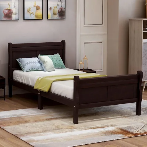 Cama de plataforma individual, marco de cama de madera rústica de aspecto simple con cabecero y estribo para muebles de dormitorio o habitación de