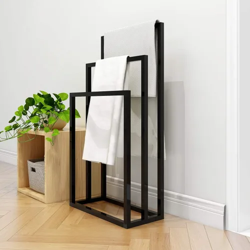 Miniatura 8 de Toalleros de metal, 3 barras para baño, estante de secado independiente, organizador de almacenamiento de 3 niveles, soporte para paños (negro)