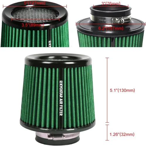 Miniatura 2 de KYOSTAR Filtro de aire universal de alto flujo de 3" (76 mm), entrada de aire frío de cono reutilizable, alto rendimiento, lavable, kit de aire seco