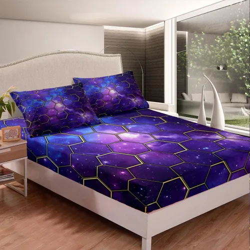 Miniatura 2 de Manfei Juego de sábanas bajeras de panal de galaxia, tamaño individual, 2 piezas, estampado geométrico hexagonal, funda de cama de cielo estrellado
