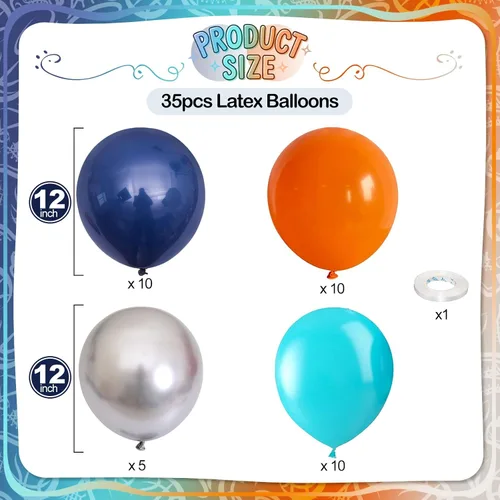 Miniatura 2 de Globos azules y naranjas, globos azul marino verde azulado de 12 pulgadas con globo plateado metálico para niños y niñas, cumpleaños, Acción