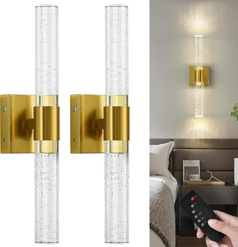 Juego de 2 apliques de pared dorados que funcionan con pilas, juego de 2 apliques de pared inalámbricos recargables con control remoto, moderna