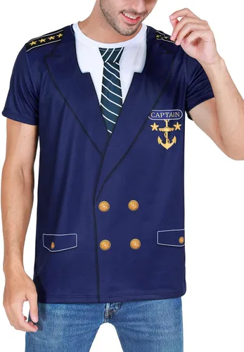 Miniatura 3 de Funny World Disfraz de capitán para hombre, camiseta de manga corta, diseño de yate