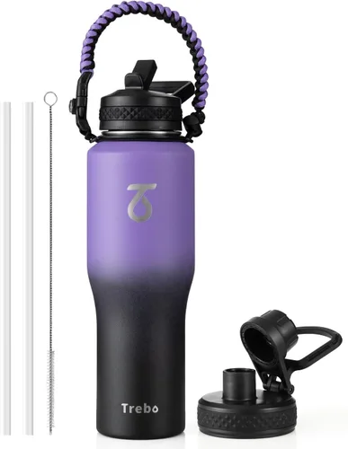 Miniatura 24 de Trebo Botella de agua de 40 onzas con aislamiento que cabe en portavasos de automóvil con asa, botellas de agua de acero inoxidable vaso con tapas