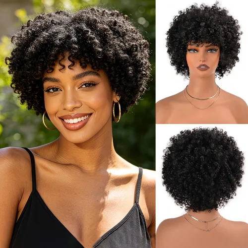 Vitorish Peluca corta afro rizada con flequillo para mujeres negras, peluca sintética resistente al calor, color negro natural, para uso diario,