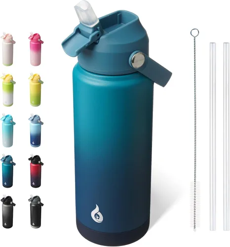 Miniatura 44 de BJPKPK - Botella de agua aislada con tapa de popote, 532 ml Botellas termo con boquilla suave, asa flexible y base antideslizante, libre de BPA, a