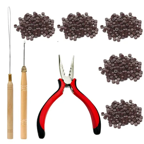 Miniatura 12 de Kit de herramientas de extensiones de cabello, accesorios profesionales de peluquería, 500 piezas de cuentas de micro anillo, 1 alicates de Negro