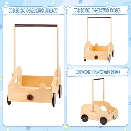Miniatura 5 de Cesta de madera para baby shower con ruedas de diseño de oso, caja de almacenamiento personalizada con asa, cesta grande de regalo para recién