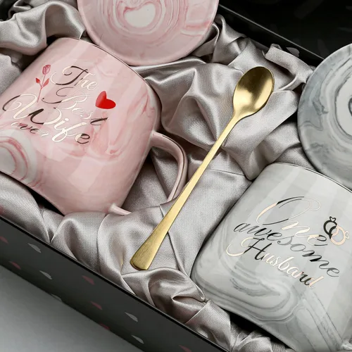 Miniatura 8 de Juego de tazas de café con texto en inglés "One Awesome Husband, The Best Wife Ever", regalo único de aniversario, compromiso, boda, para parejas