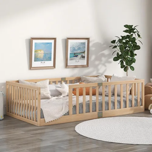 Miniatura 18 de Tatub Cama Montessori de suelo individual con rieles altos, marco de cama Montessori de madera maciza para niños, la puerta se puede instalar a Gris