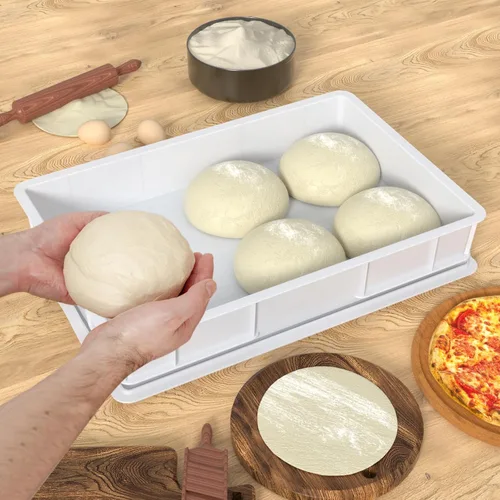 Miniatura 4 de Paquete de 4 bandejas de plástico a prueba de masa con tapa, contenedor apilable para masa de pizza, color blanco