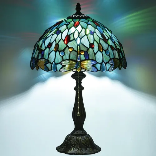 Miniatura 14 de Tiffany Style Stained Glass Table Lamp, Floral Pattern Desk Light with Antique Bronze Resin Base, Red Roses Decorative Lighting for Bedroom, Living