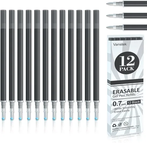 Vanstek 12 recargas de bolígrafo de gel borrable negro, recargas de tinta de gel compatibles con bolígrafos borrables, punta fina de 0.7 mm,