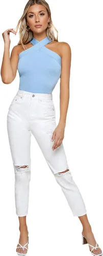 Miniatura 5 de Floerns - Blusa sin mangas con cuello halter cruzado, de un solo color, para mujer, Azul Pastel, M