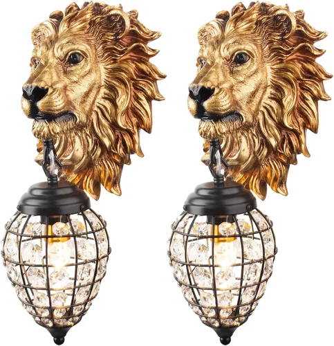Miniatura 9 de Juego de 2 apliques de pared con cabeza de león dorados, lámpara de pared moderna de lujo con forma de globo de cristal, cabeza de animal de resina