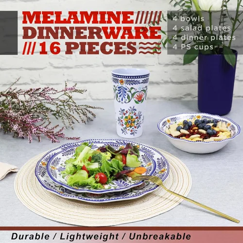 Miniatura 2 de Juego de vajilla de melamina para 4-16 piezas: juego de platos de campamento con platos llanos, platos de ensalada, tazas y cuencos. Ligero e