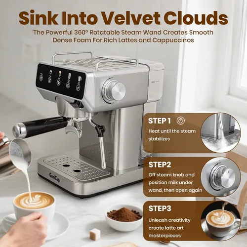 Miniatura 5 de Expresso - Cafeteras con pantalla táctil de 20 bares, máquina de espresso profesional con espumador de leche y agua caliente, cafetera de acero