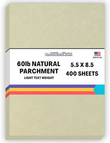 Miniatura 12 de 100 hojas de papel de pergamino natural con texto 60# (enlace = 24), 4.25 x 11 pulgadas, tamaño media carta, corte largo, 60 libras, no es