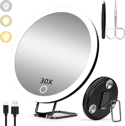 Miniatura 10 de Espejo de Aumento 20X con Luz, Espejo Grande de 6 Pulgadas con Aumento Iluminado 20X con 3 Ventosas y Soporte de Mesa 360°, Espejo de Tocador de 20x