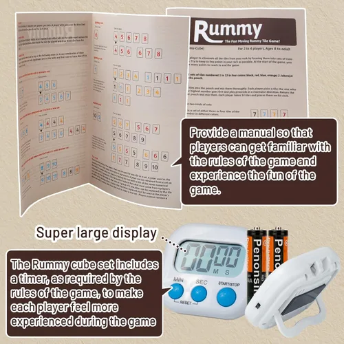 Miniatura 5 de Extguds Deluxe Rummy Cube Juego de 106 fichas, juego clásico de madera, con 4 bastidores de madera hechos a mano, bolsa de lona portátil, juego
