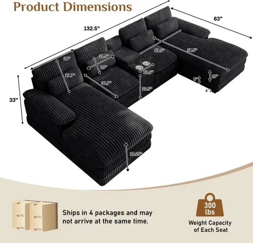 Miniatura 2 de Sofá seccional en forma de U de 132 pulgadas, mullido y afelpado de pana de 4 asientos, sofás seccionales color negro para sala de estar, cómodo