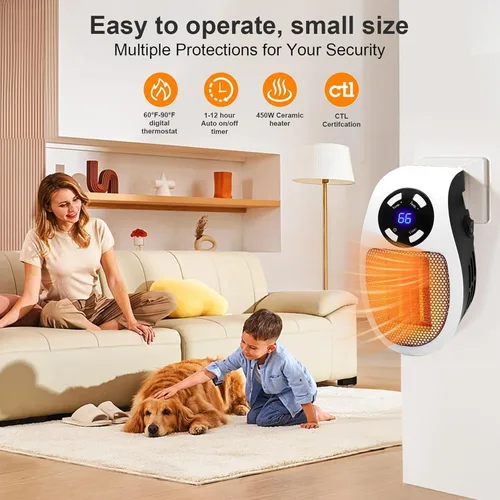 Miniatura 7 de Calentador de Espacio de Pared con Enchufe Inteligente Mejorado, 450W Calentador Eléctrico Portátil Pequeño y Seguro Programable, Termostato