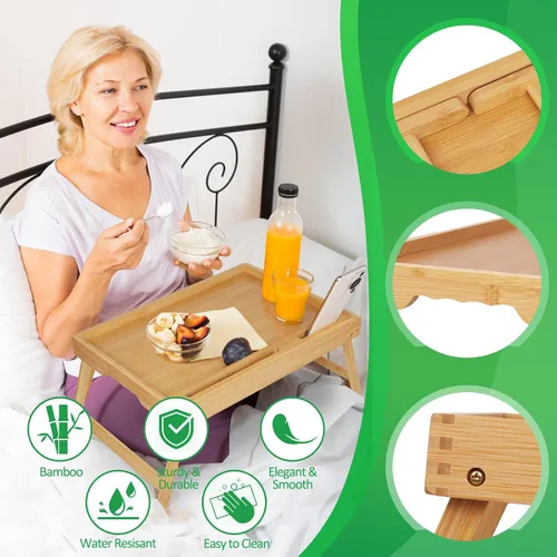 Miniatura 4 de Artmeer Bandeja de cama con patas plegables, bandeja de bambú para desayuno con ranura multimedia, uso como plato, escritorio para laptop